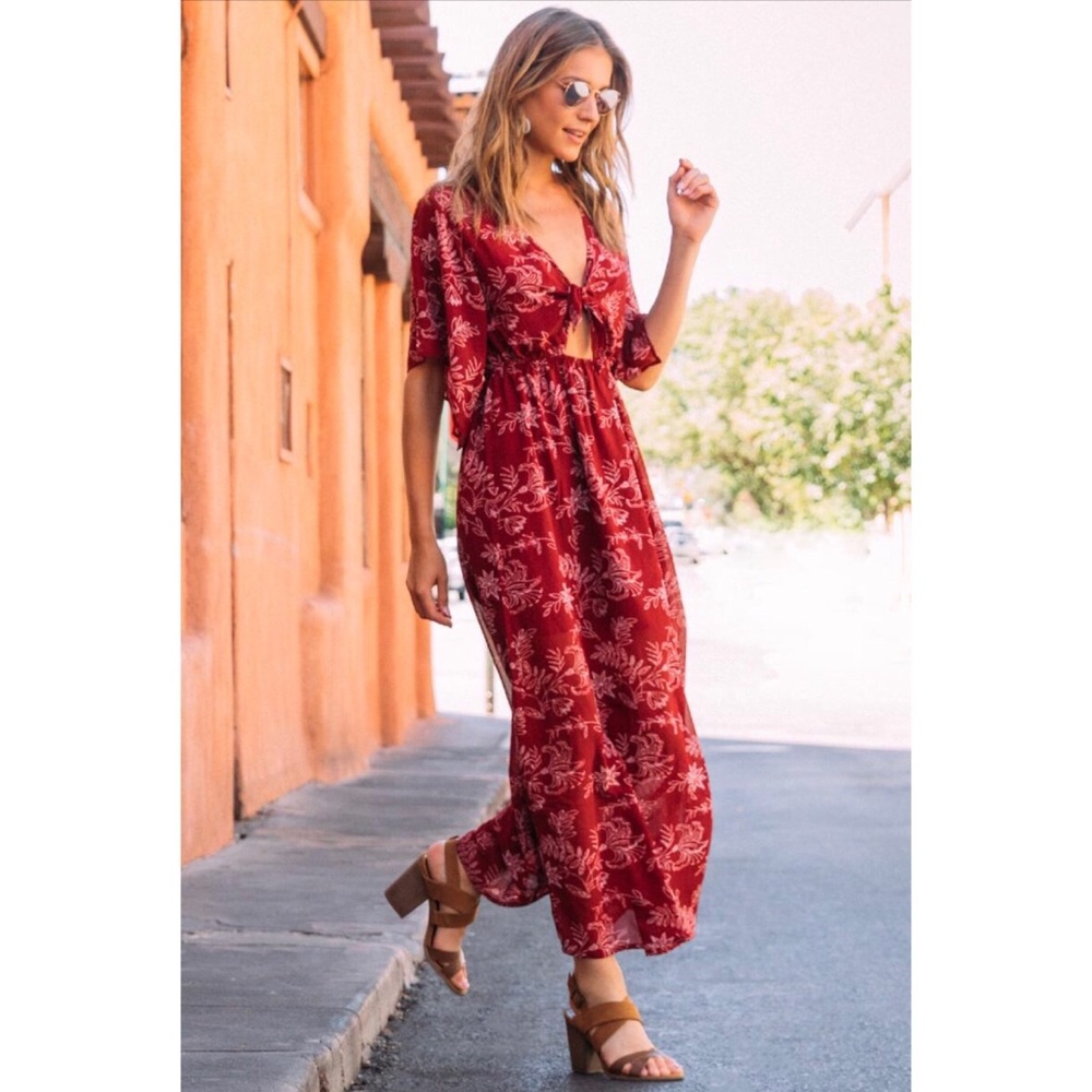 Francesca’s burgundy floral maxi dress